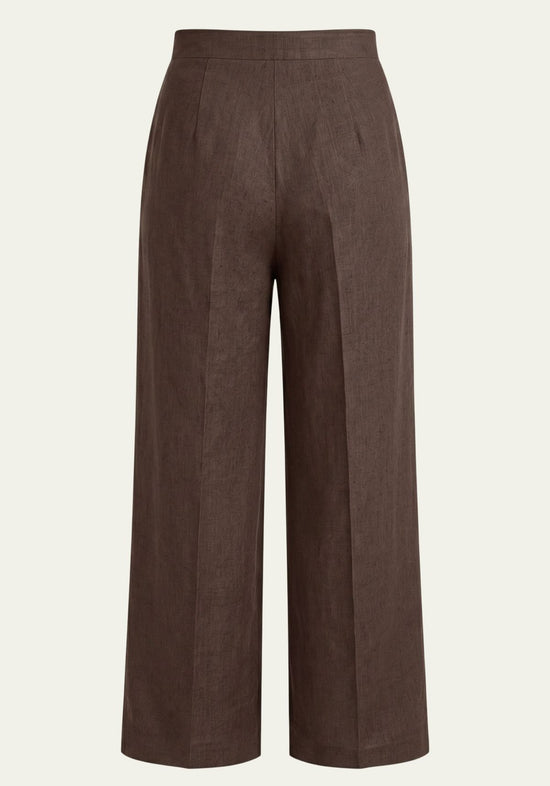 Back view of brown women’s palazzo trousers in linen with wide legs and a high waistband.