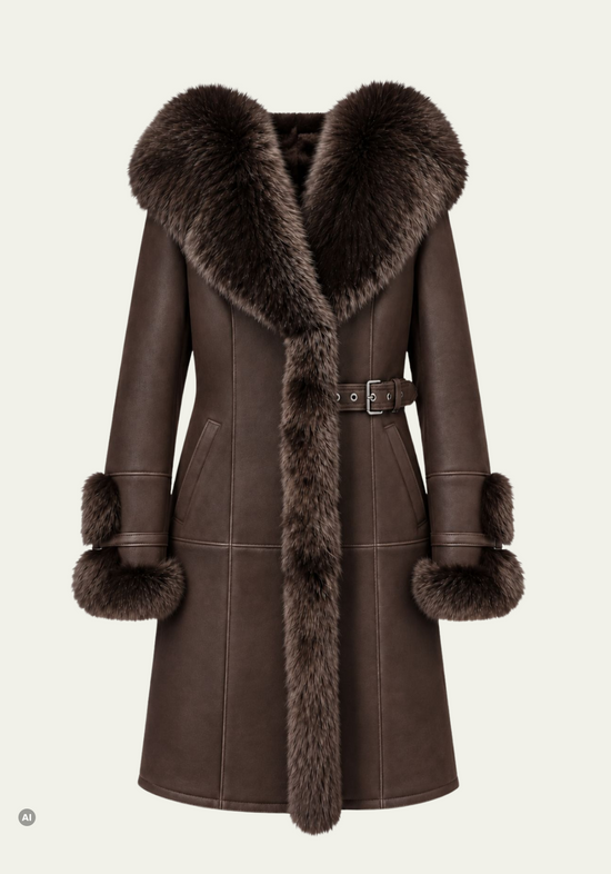 Damen-Shearling-Lammfellmantel Braun mit Fuchsfellbesatz und Kapuze