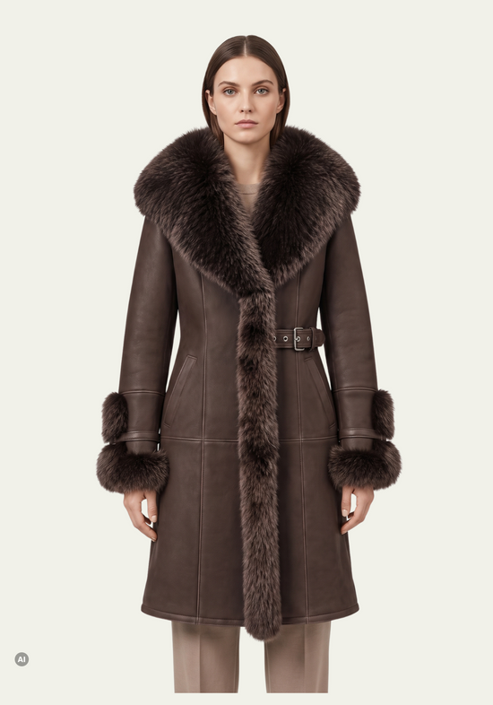 Damen-Shearling-Lammfellmantel Braun mit Fuchsfellbesatz und Kapuze