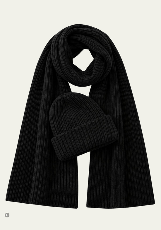Damen-Strickset Daily – Mütze & Schal aus 100 % Merinowolle Schwarz