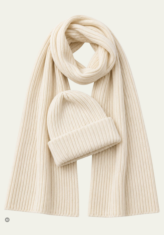 Damen-Strickset Daily – Mütze & Schal aus 100 % Merinowolle Ecru