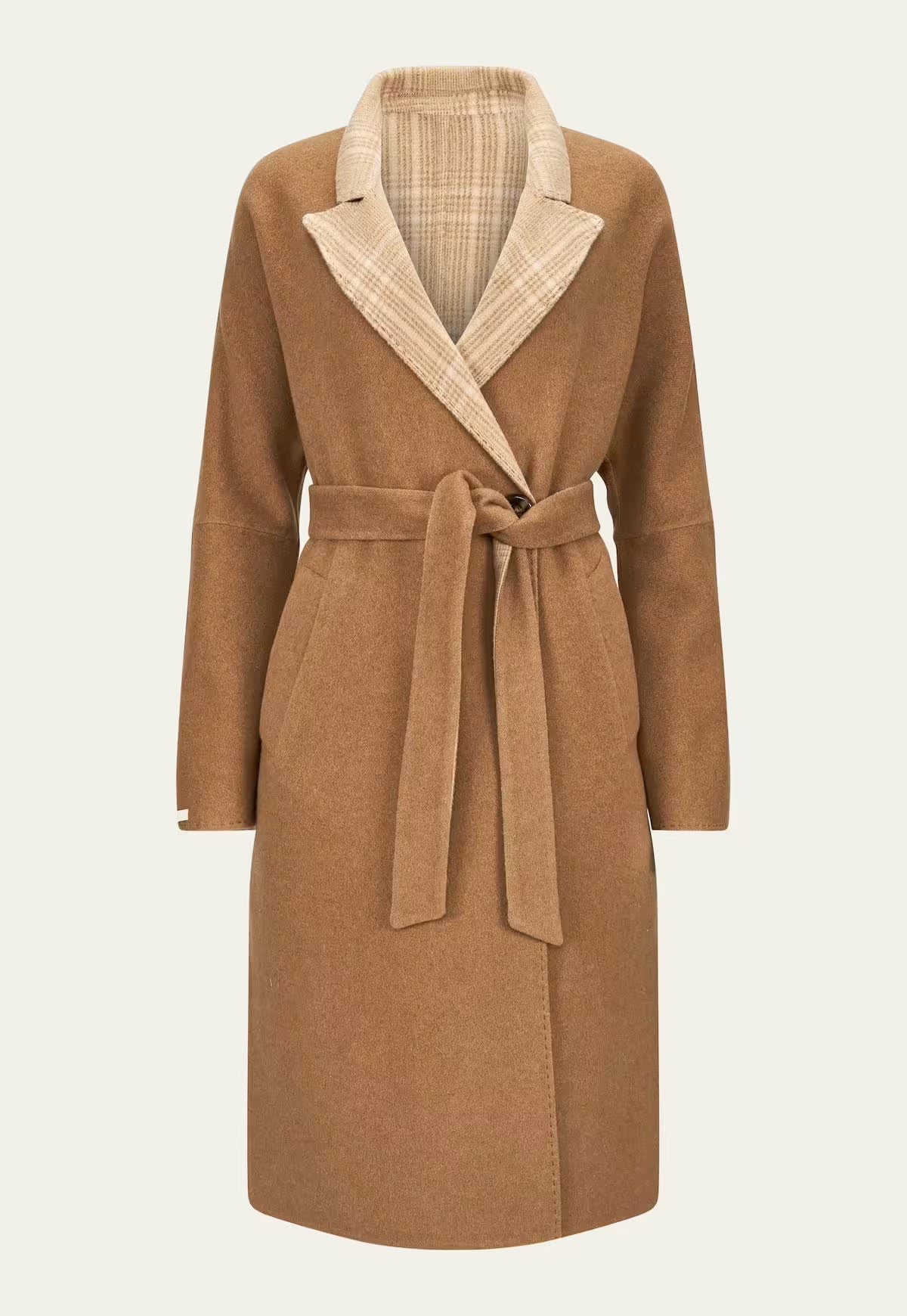 Women's wool and alpaca coat in brown, cut out and shown from the front with a tie belt.