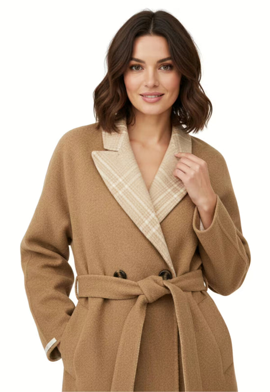 Women's wool and alpaca coat in brown, close-up of the lapels, tie belt and upper front.