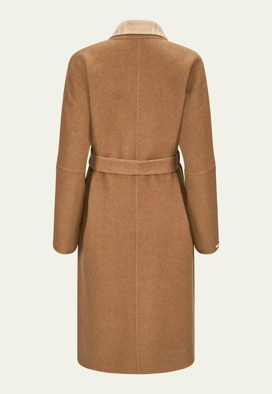 Women's wool and alpaca coat in brown, cut out from the back with a belt and straight hem.