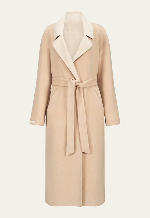 Beige women's wool coat with tie belt and wide lapels, shown front-on on a plain background.