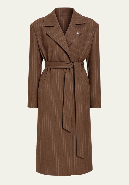 Brown women's wool coat shown from the front with tie belt and fine pinstripes