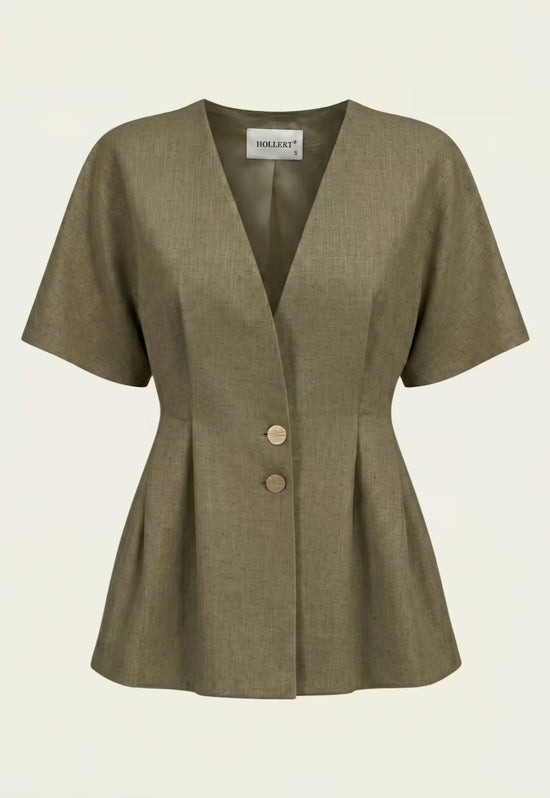 Women's linen shirt in khaki with V-neck, short sleeves and two buttons, front view