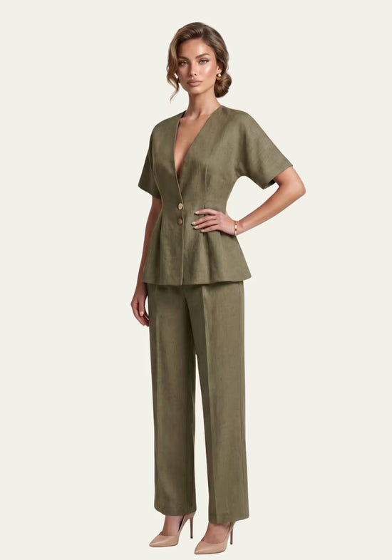 Women's linen shirt and matching palazzo trousers in khaki, shown worn full length