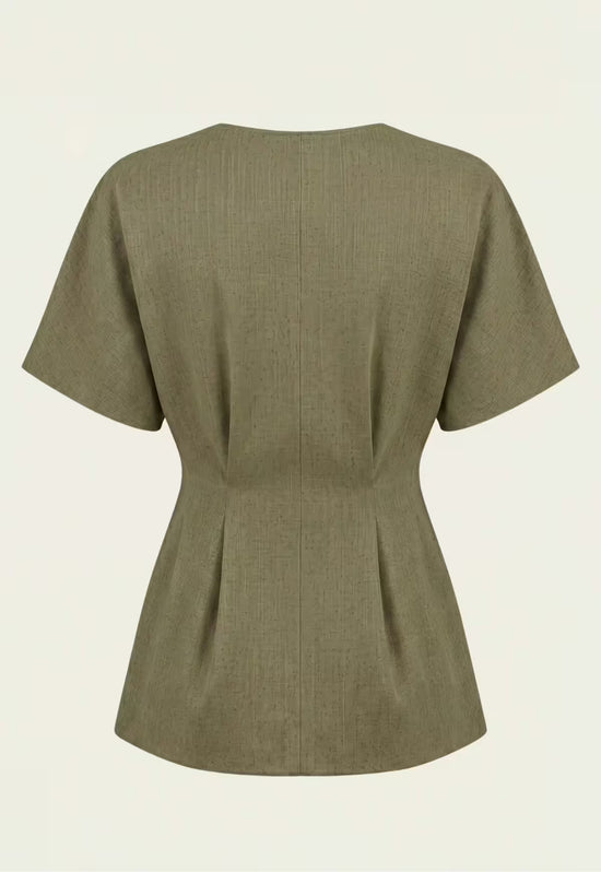 Rear view of the women's linen shirt in khaki with a fitted shape and short sleeves