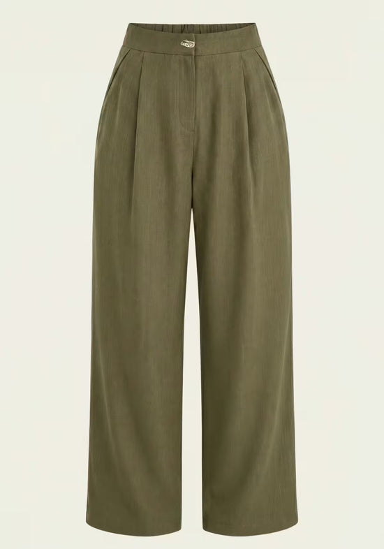Wide women's linen trousers in khaki, shown from the front with waistband and straight drape.