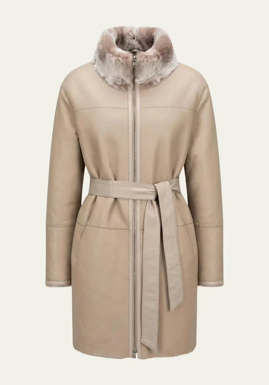 Taupe-beige sheepskin women's coat with belt, front view without model