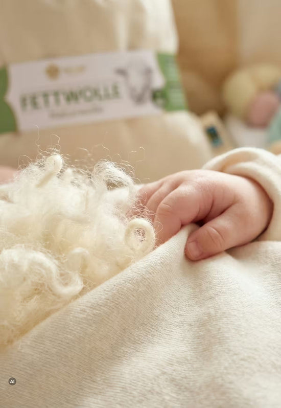 Lockiges Lanolin der Bio Fettwolle wird mit Baby-Hand berührt, zeigt die flauschige Wollstruktur
