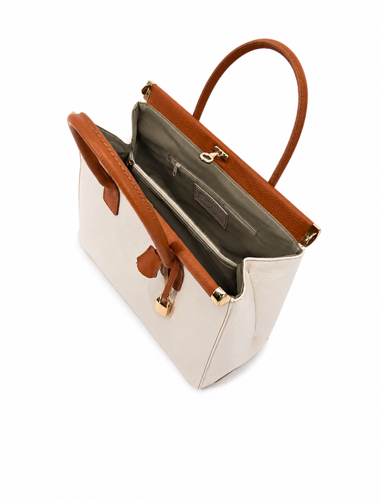 Open ladies' leather handbag in beige with grey lining and zipped inner pocket
