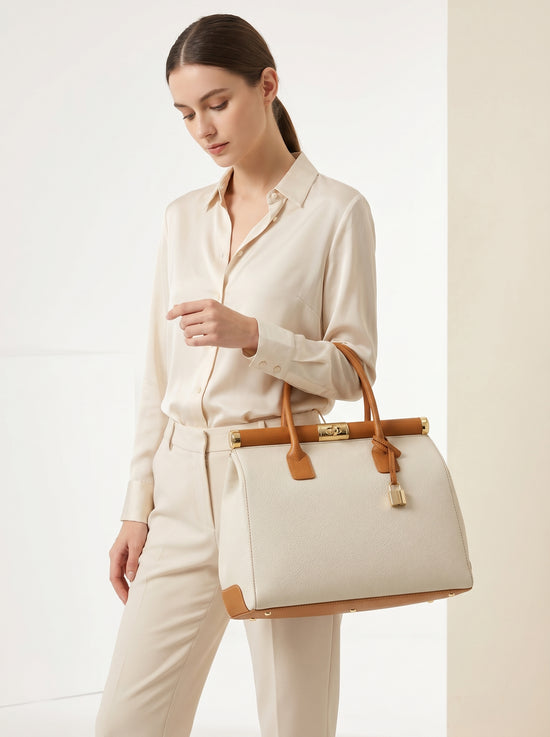 Ladies' leather handbag in beige, worn on the shoulder as a business bag