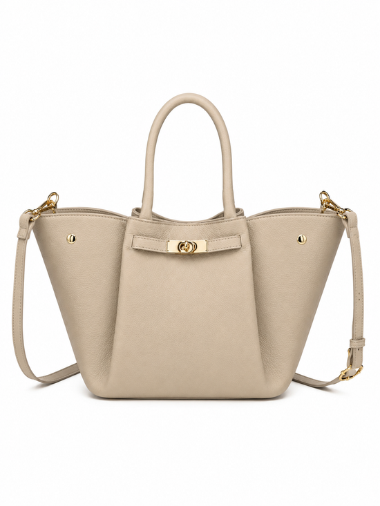 Women's leather handbag in cream beige, front view with gold-coloured details and short handles.