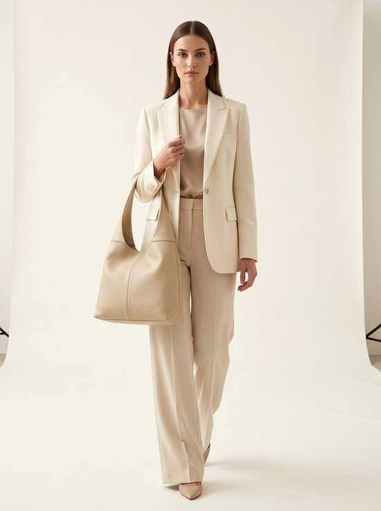 Cream-beige women's leather handbag worn by a woman in a trouser suit in a full-body view.