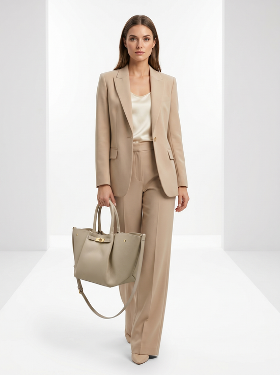 Women's leather handbag in cream beige, shown in a full-body view with a matching outfit.