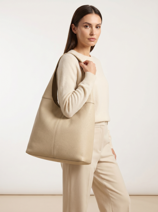 Cream-beige leather hobo bag worn on the shoulder, shown in side view on the model.
