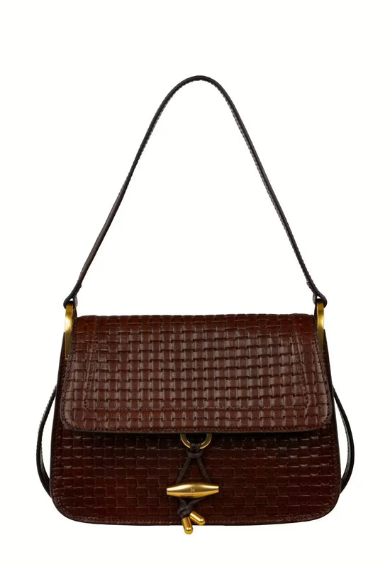 Women’s leather handbag in dark brown with flap, cut out in a front view.