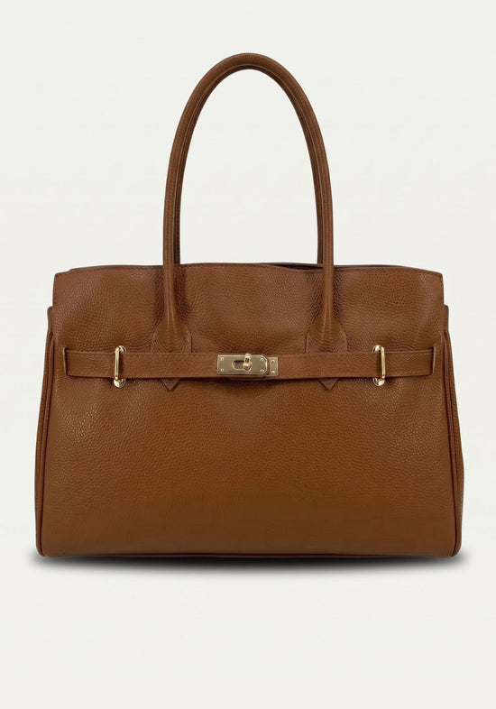 Camel-brown leather handbag for women shown from the front with handles and clasp bar.