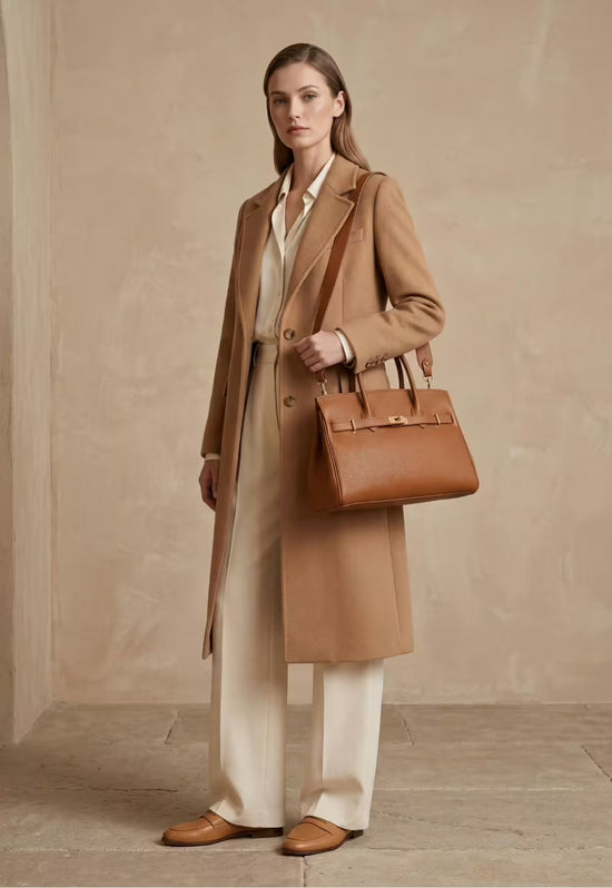 Camel-brown leather handbag for women shown in full-length worn with a coat.