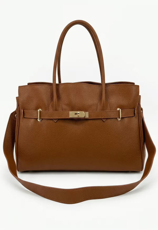 Camel-brown leather handbag for women with a long shoulder strap and front clasp.