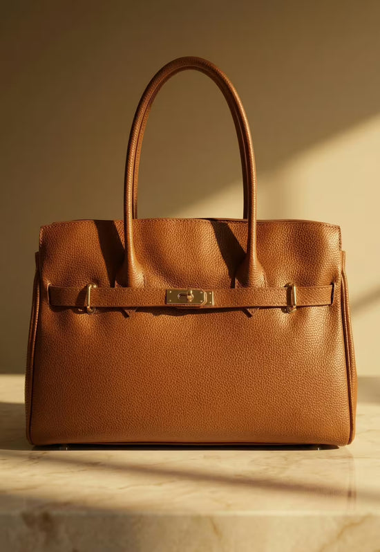 Camel-brown leather handbag for women shown in a studio view with warm light.
