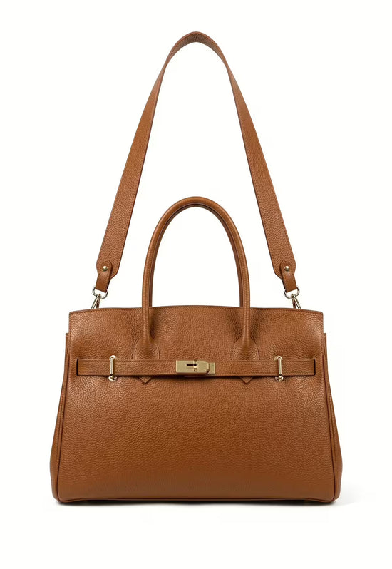 Camel-brown leather handbag for women shown from the front with a long crossbody strap.