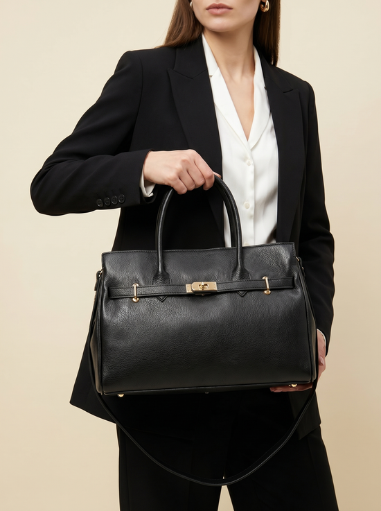 Black ladies' leather handbag worn with a black business outfit and shoulder strap.