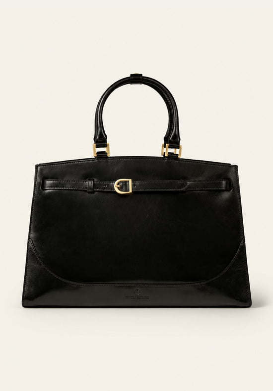 Black women's leather handbag shown from the front with handles and gold-coloured fastening