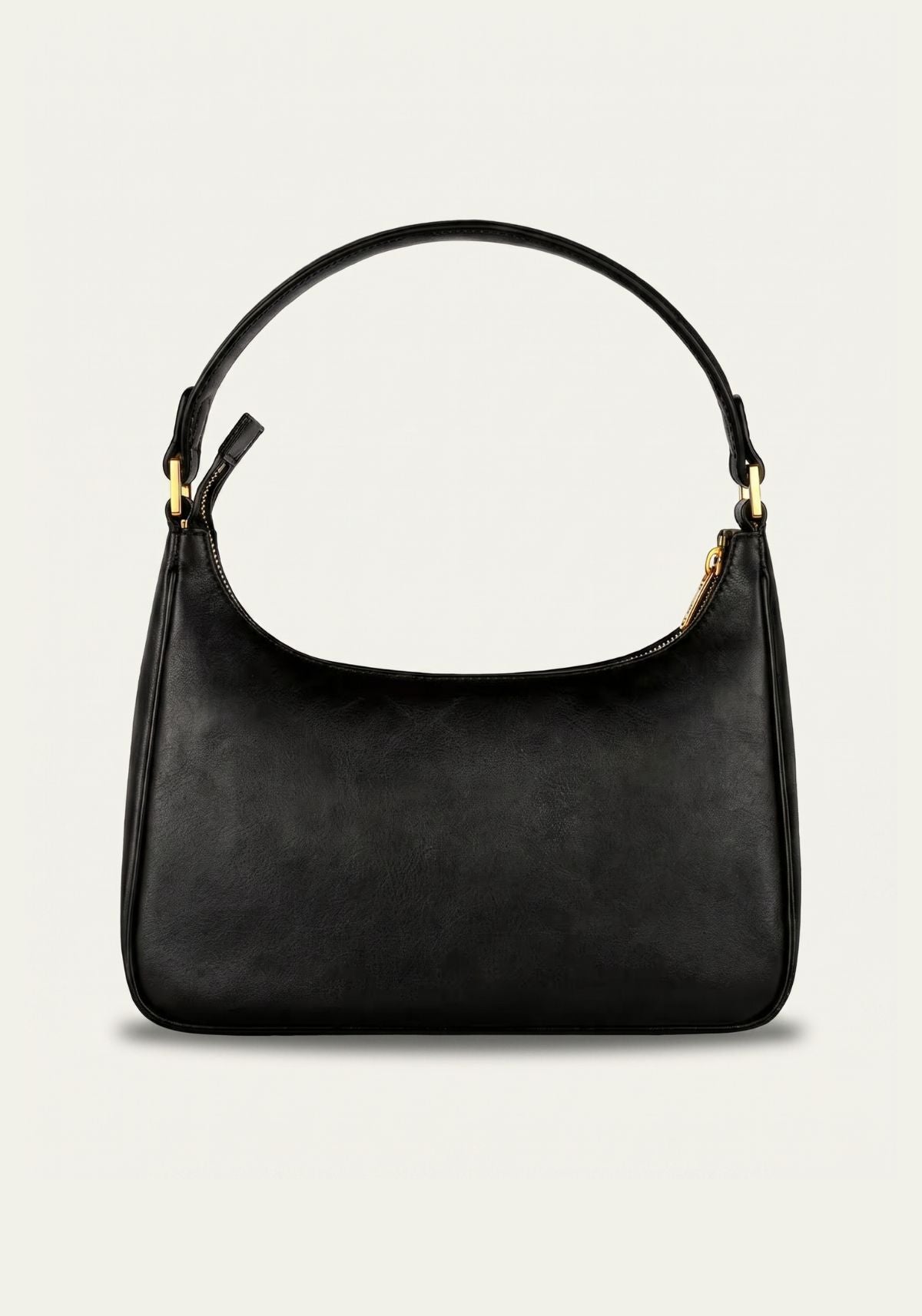 Black women’s leather handbag shown from the front with a round handle