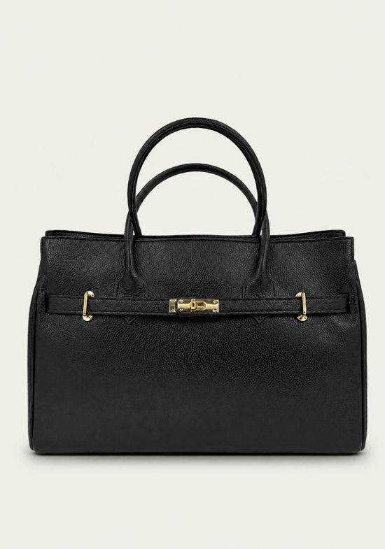 Black ladies' handbag in leather, front view, with gold-coloured clasp and two handles.