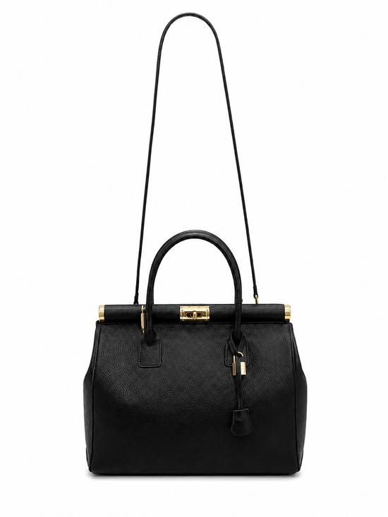 Black ladies' leather handbag shown from the back with shoulder strap and top handle