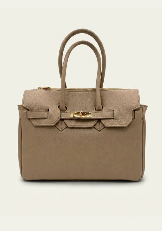 Taupe ladies' leather handbag shown from the front with two handles.