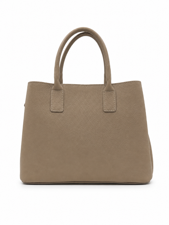 Rear view of the taupe women’s leather handbag with two top handles.