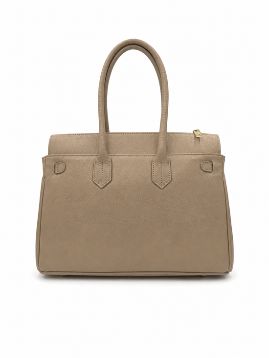 Taupe ladies' leather handbag shown from the back with two handles.