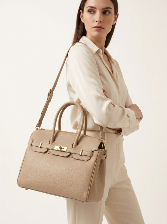Taupe women's leather handbag worn on the model as a shoulder bag.
