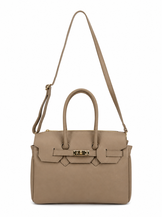 Taupe women's leather handbag in front view with a long shoulder strap.
