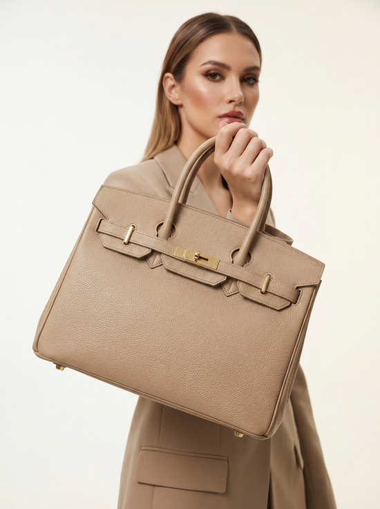 Taupe ladies' leather handbag held by the handles, with a gold-toned clasp.