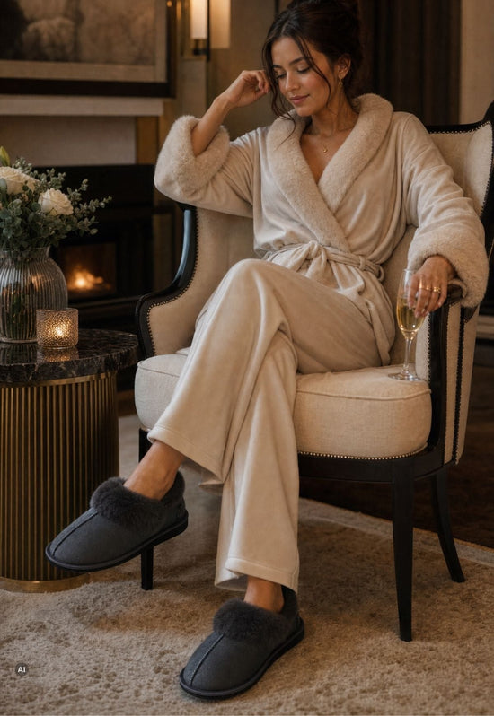 Women’s sheepskin slippers in anthracite, worn while seated with a light loungewear outfit.