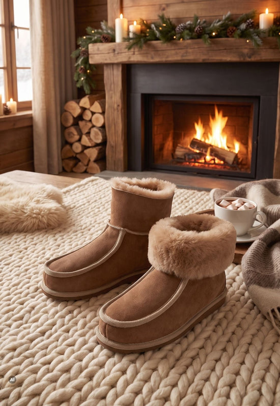 Beige sheepskin house shoes with fur collar shown as a pair on a knitted blanket by the fireplace.