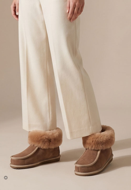 Beige sheepskin house shoes with fur collar worn with light trousers on a model's feet.