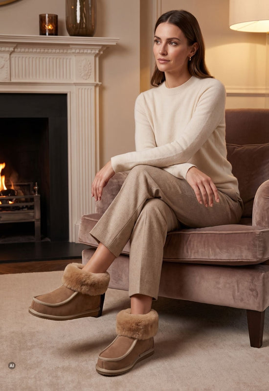 Beige sheepskin house shoes with fur collar on a seated woman in the living room by the fireplace.