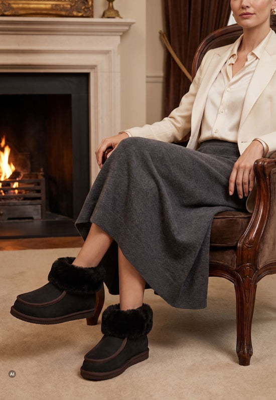 Worn ladies' sheepskin and brown suede slippers, shown seated in a living room setting.