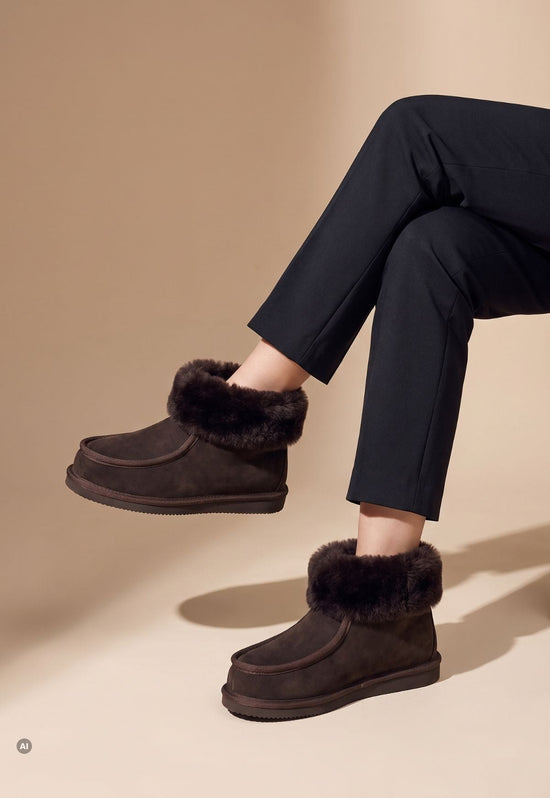 Two worn ladies' sheepskin and suede slippers in brown, shown in side view.