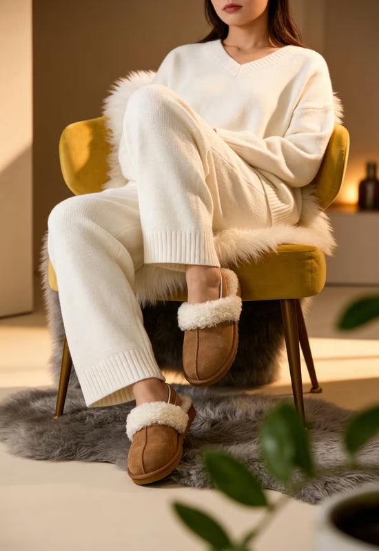 Brown women's sheepskin slippers worn by a seated woman in a cosy indoor scene.