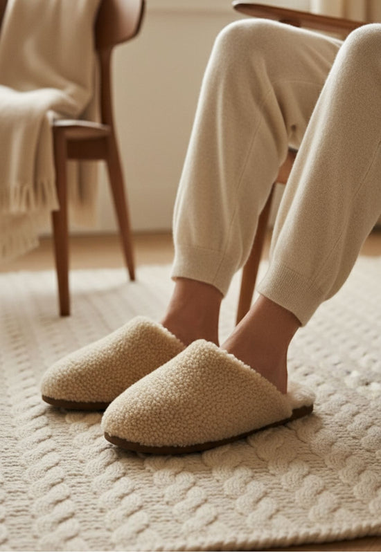 Women's sheepskin slippers in natural tone, worn on a light rug indoors