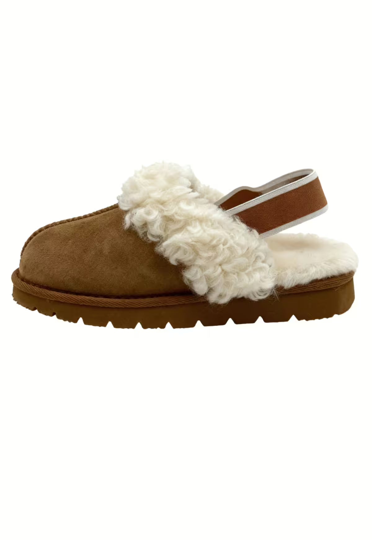 Brown women's sheepskin slipper shown from the side, isolated on a white background.