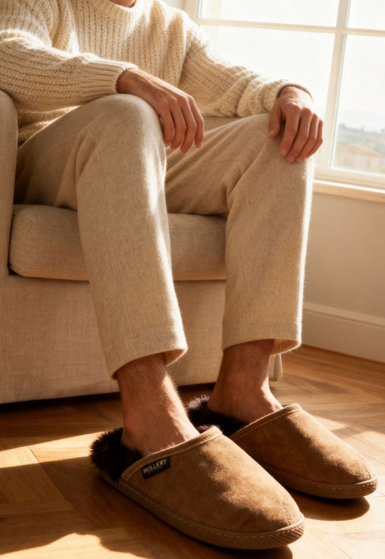 Men’s sheepskin slippers in suede, worn in beige while seated on a sofa.