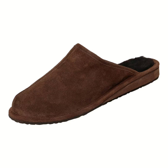Brown men's sheepskin slipper in close-up, made of suede with an open heel and soft upper.